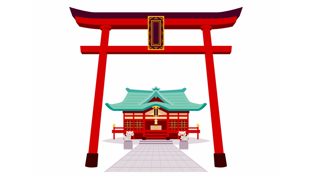 神社仏閣・お参り~赤い鳥居と社殿・狛犬